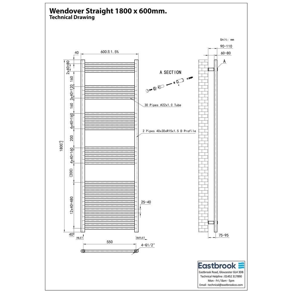 Eastbrook Ladder Rail Eastbrook Wendover Straight Vertical Heated Towel Rail in Matt Black