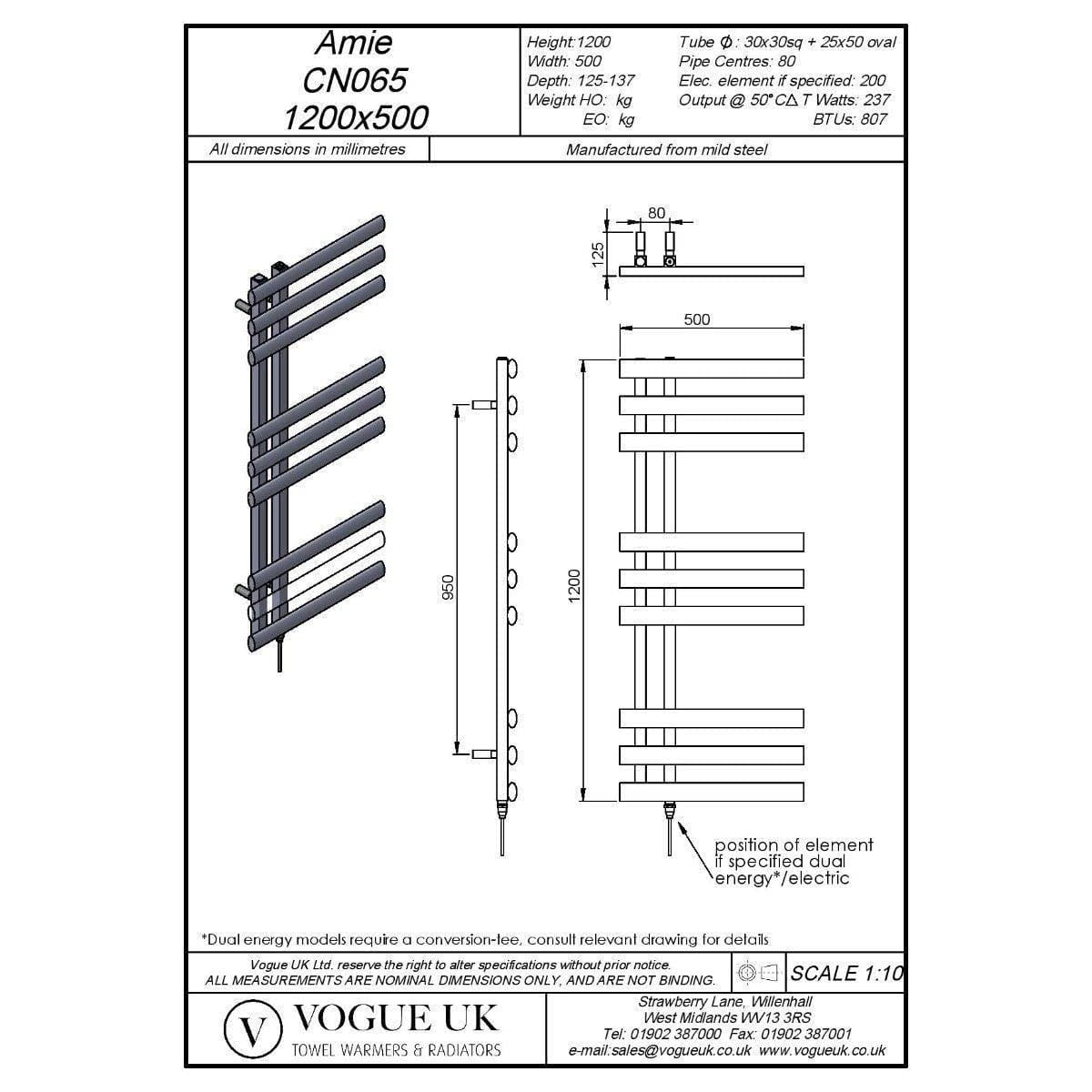 Vogue Designer Towel Radiators Vogue Amie Designer Heated Towel Rail in Chrome 1200 x 500 / Central Heating