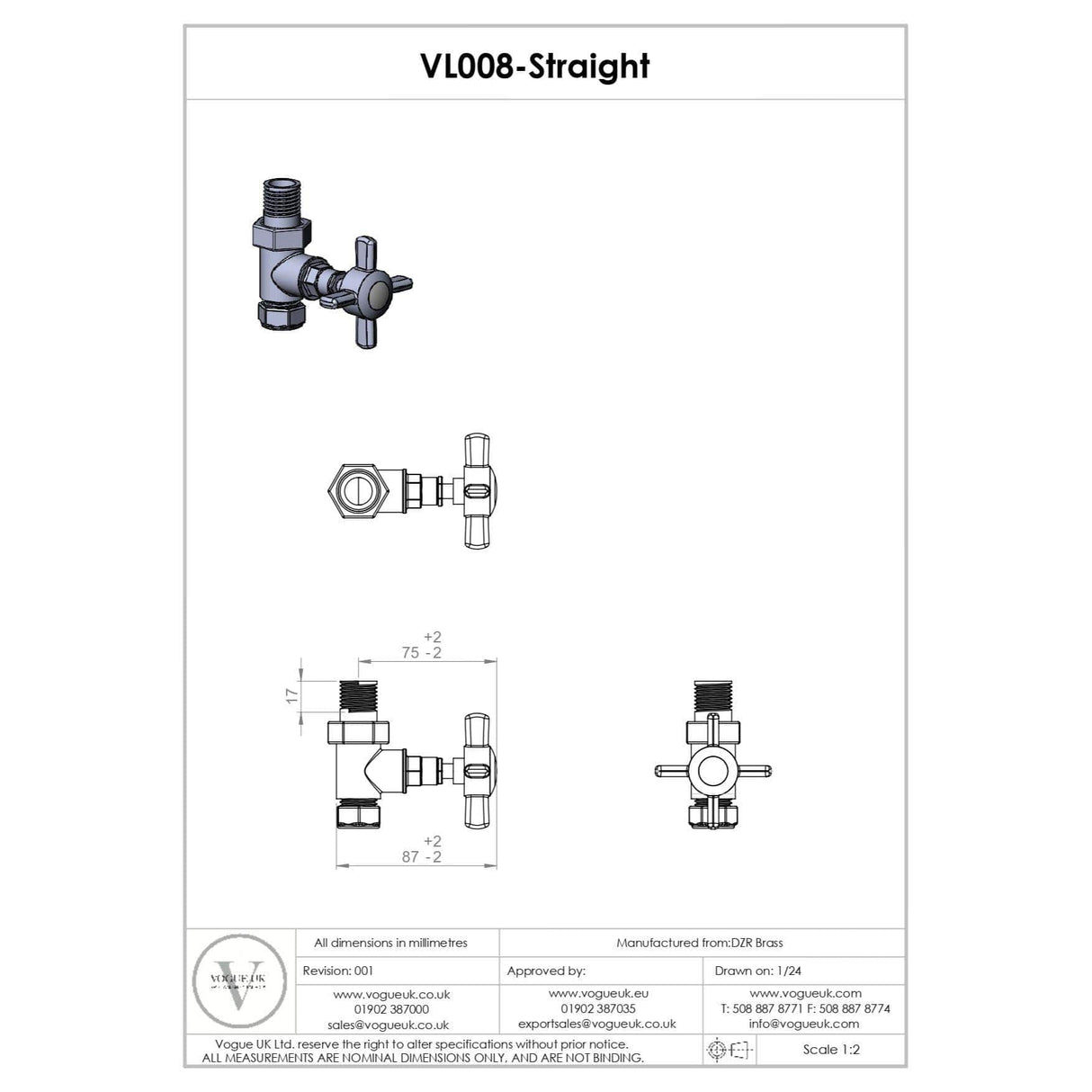 Vogue Radiator Valves Vogue Crosshead Manual Straight Radiator Valves (Pair) in Chrome