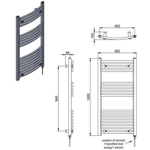 Vogue Ladder Rail Vogue Combes Curved Ladder Towel Rail in Chrome 1000 x 500 / Central Heating