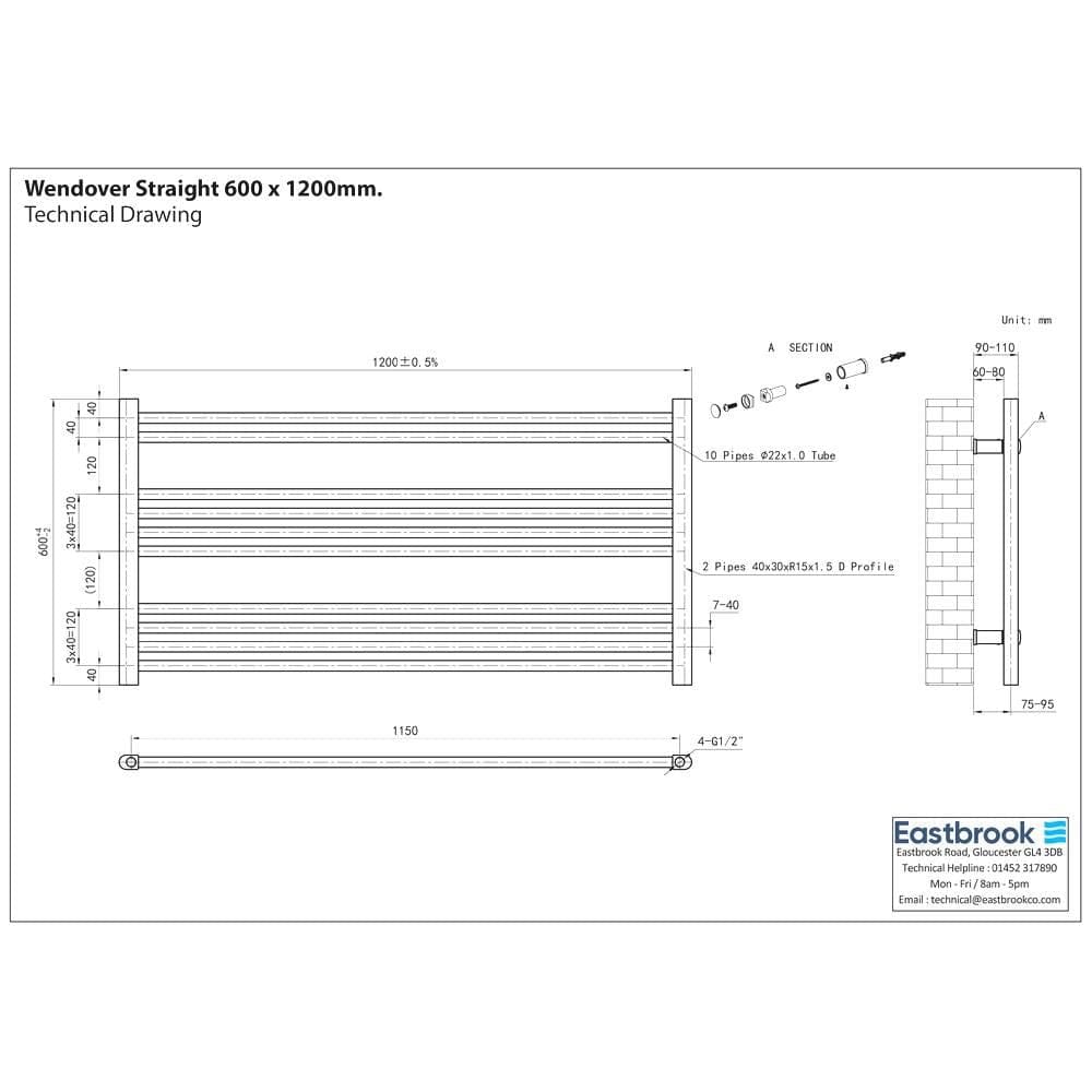 Eastbrook Ladder Rail Eastbrook Wendover Straight Vertical Heated Towel Rail in Matt Black