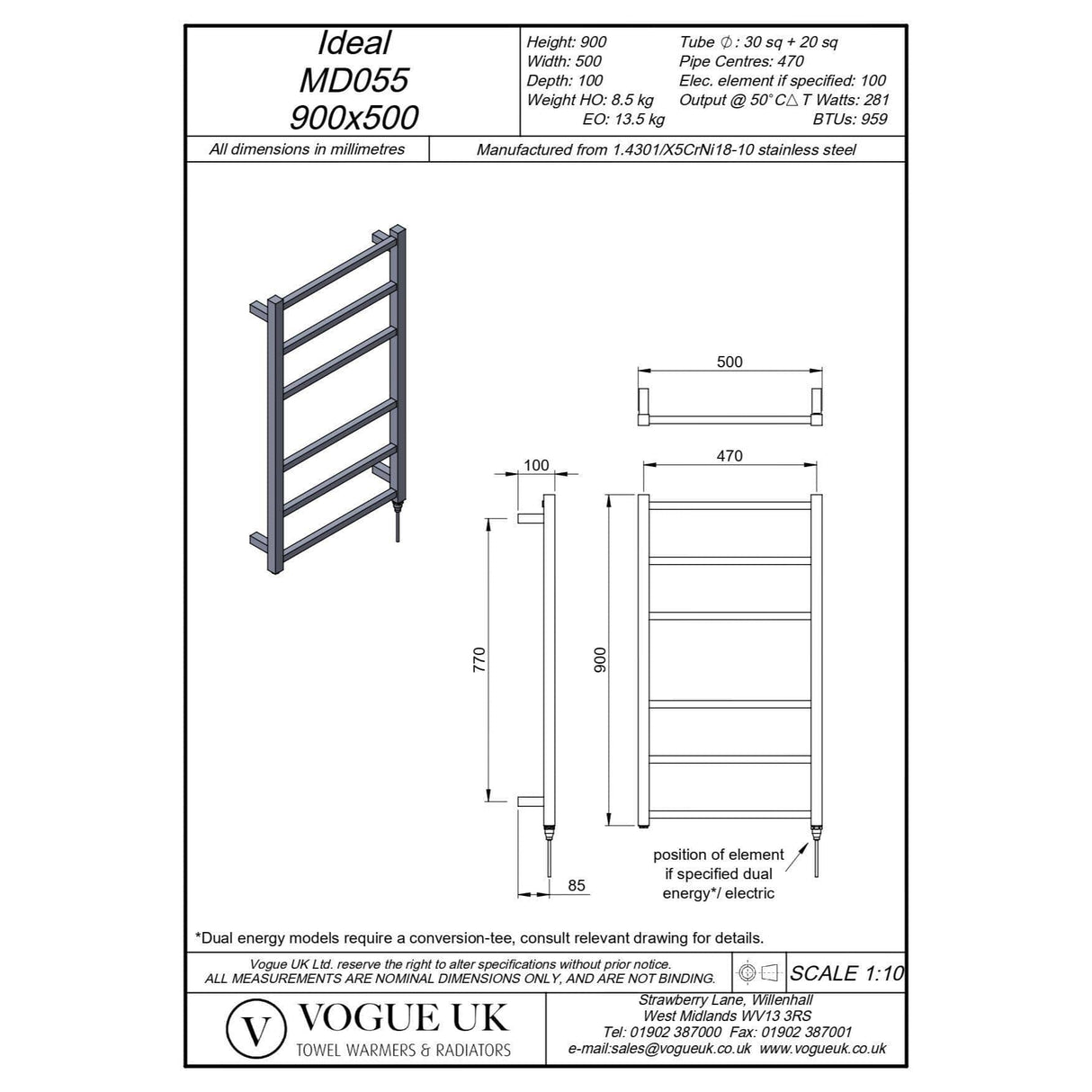 Vogue Vogue Ideal Straight Designer Towel Radiator in Polished Stainless Steel 900 x 500 / Dual Fuel