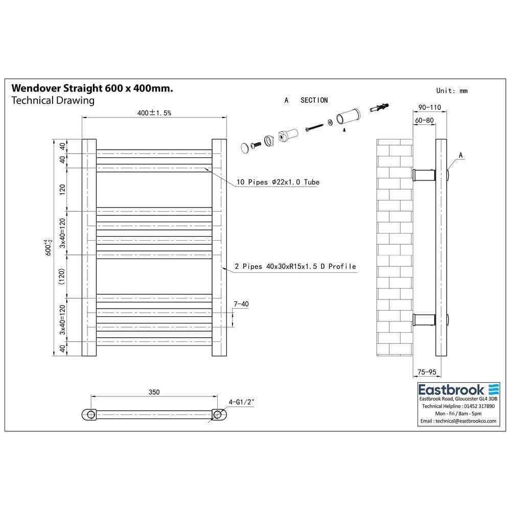 Eastbrook Ladder Rails Eastbrook Wendover Straight Vertical Heated Towel Rail in Matt Black