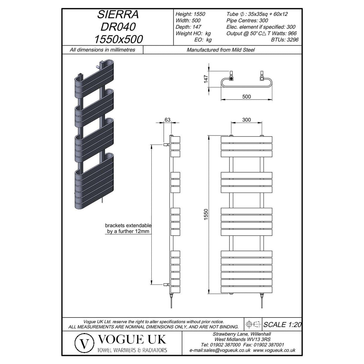Vogue Vogue Sierra Designer Towel Rail in Anthracite 1550 x 500 / Dual Fuel