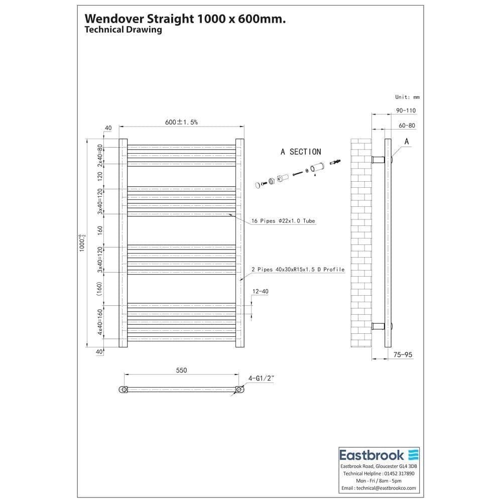 Eastbrook Ladder Rail Eastbrook Wendover Straight Vertical Heated Towel Rail in Matt Black