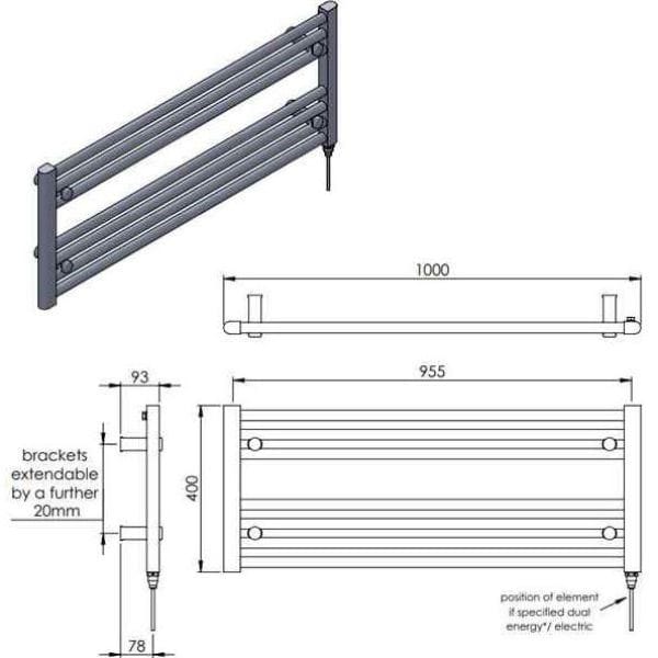 Vogue Ladder Rail Vogue Focus Horizontal Straight Towel Rail - 400 x 1000 - Central Heating - Chrome