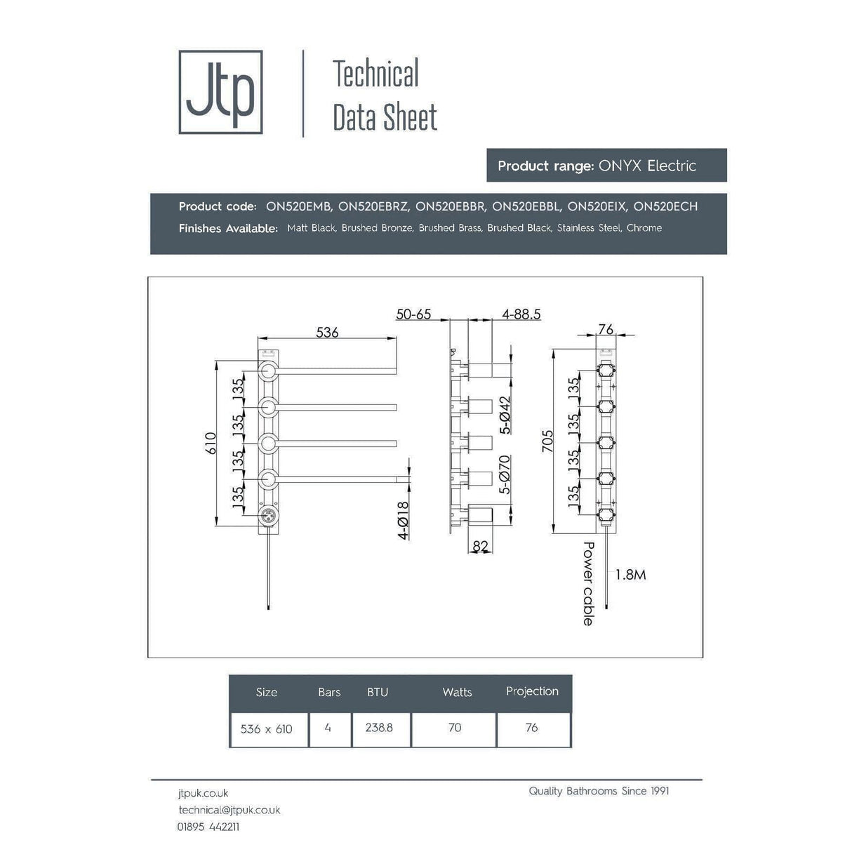 JTP Designer Towel Rail JTP Onyx Electric Designer Towel Radiator