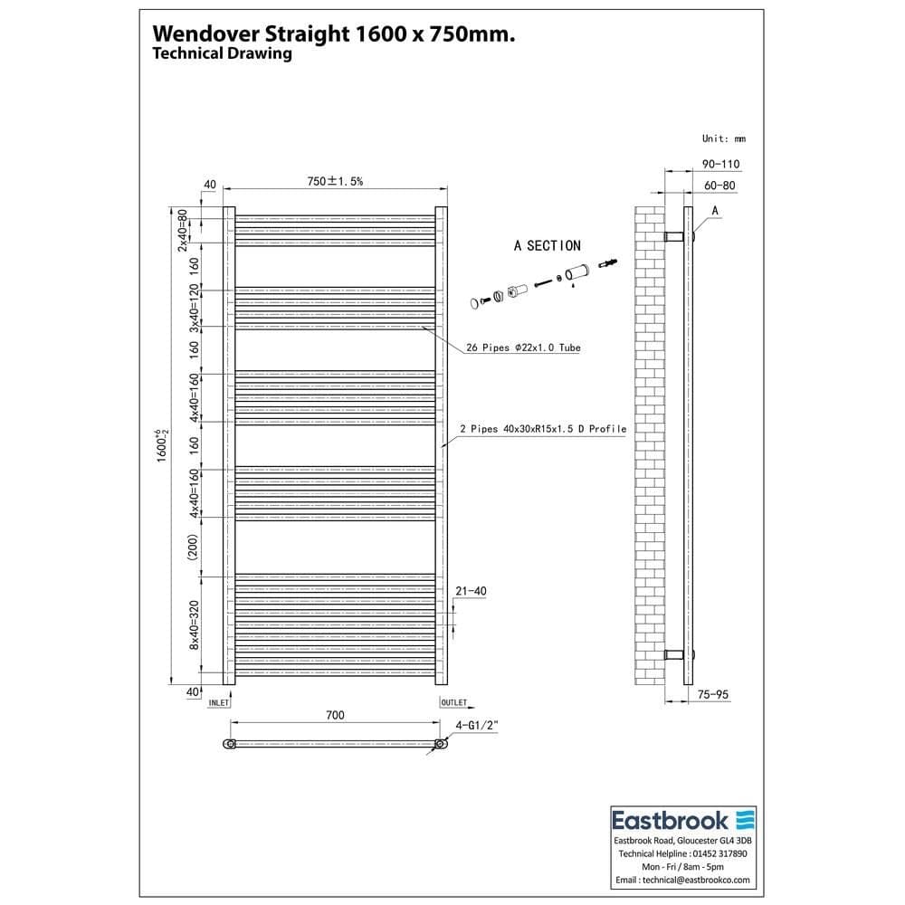 Eastbrook Ladder Rail Eastbrook Wendover Straight Vertical Heated Towel Rail in Matt Black