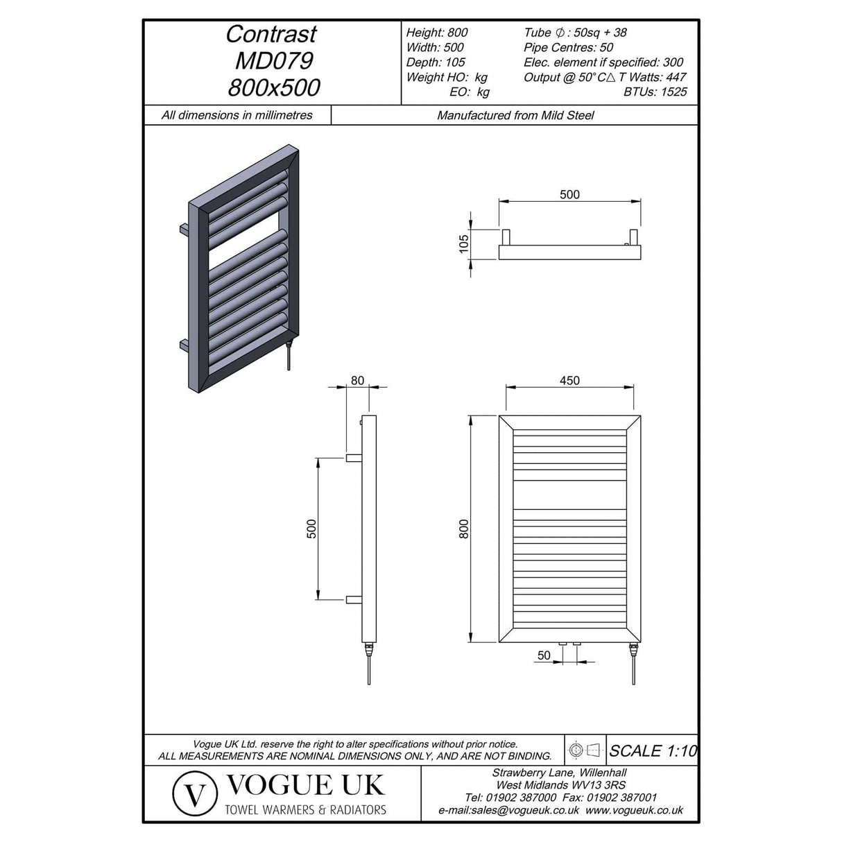 Vogue Designer Towel Radiators Vogue Contrast Designer Radiator in Matt Black 800 x 500 / Central Heating