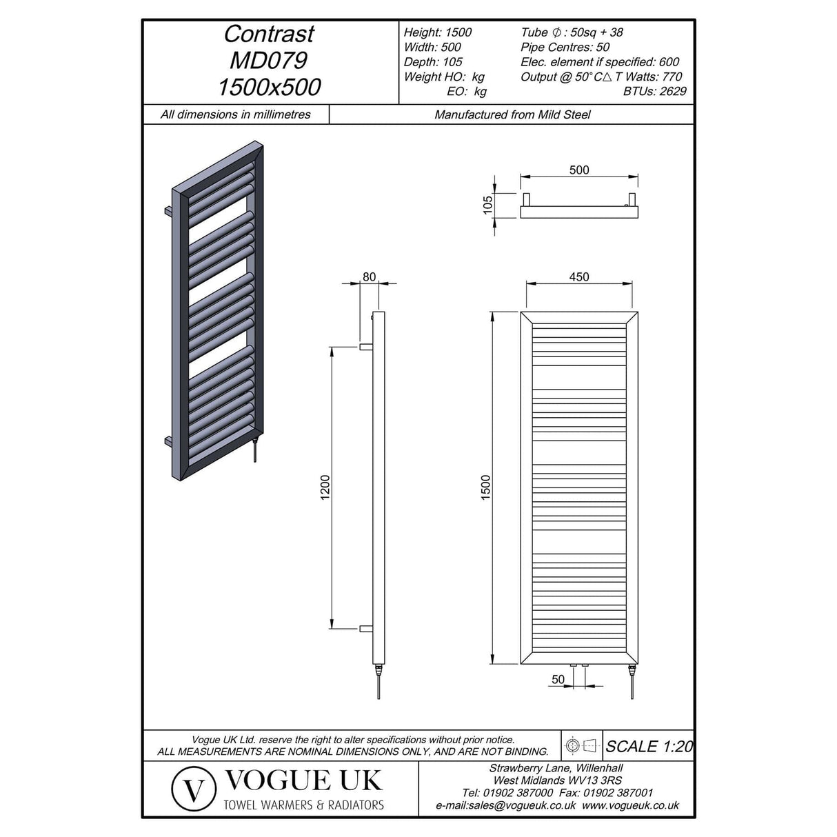 Vogue Designer Towel Radiators Vogue Contrast Designer Radiator in Matt Black 1500 x 500 / Central Heating
