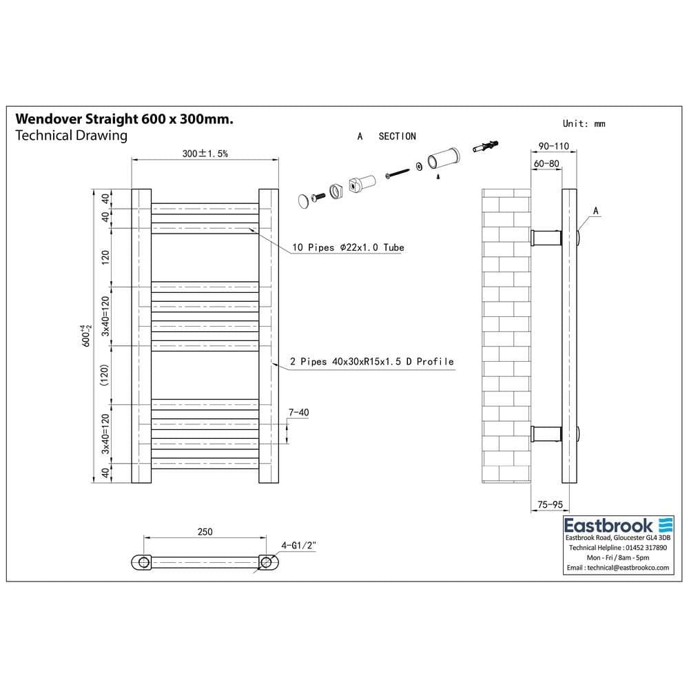Eastbrook Ladder Rail Eastbrook Wendover Straight Vertical Heated Towel Rail in Matt Black