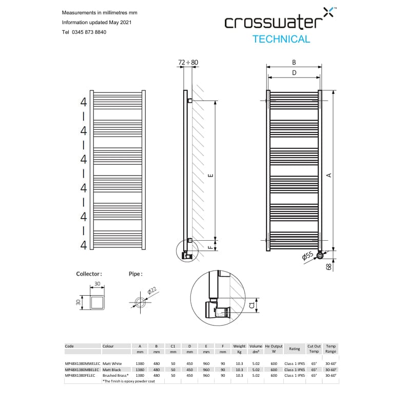 Crosswater Ladder Rail Crosswater MPRO Designer Vertical Towel Radiator in Brushed Brass