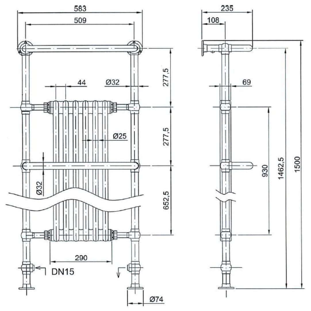 Heritage Insert Radiators Heritage Cabot Traditional Vertical Heated Towel Radiator - Floor Mounted - 1500 x 580 - Chrome/White - AHC103