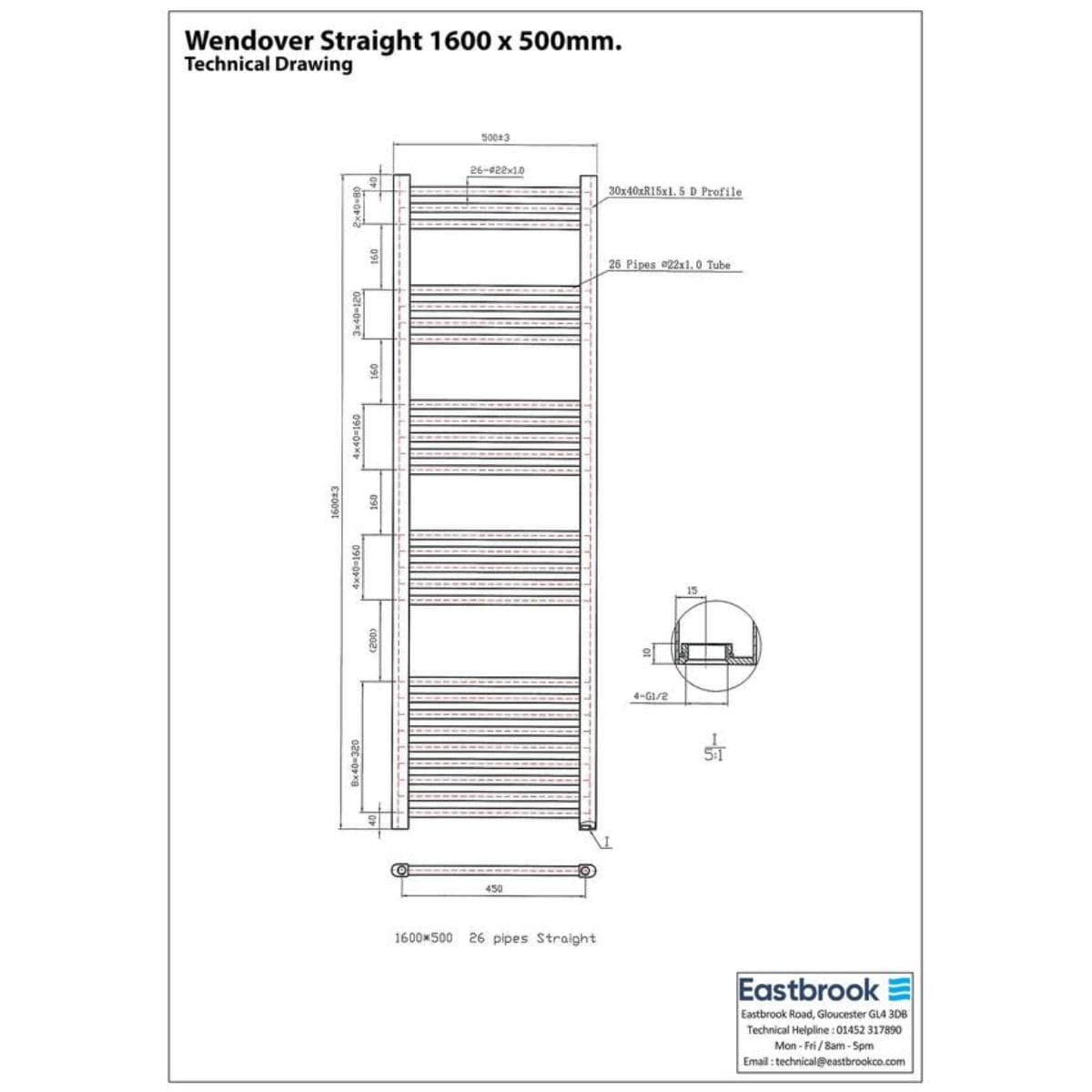 Eastbrook Ladder Rail Eastbrook Wendover Straight Vertical Heated Towel Rail - 1600 x 500mm in Gloss White