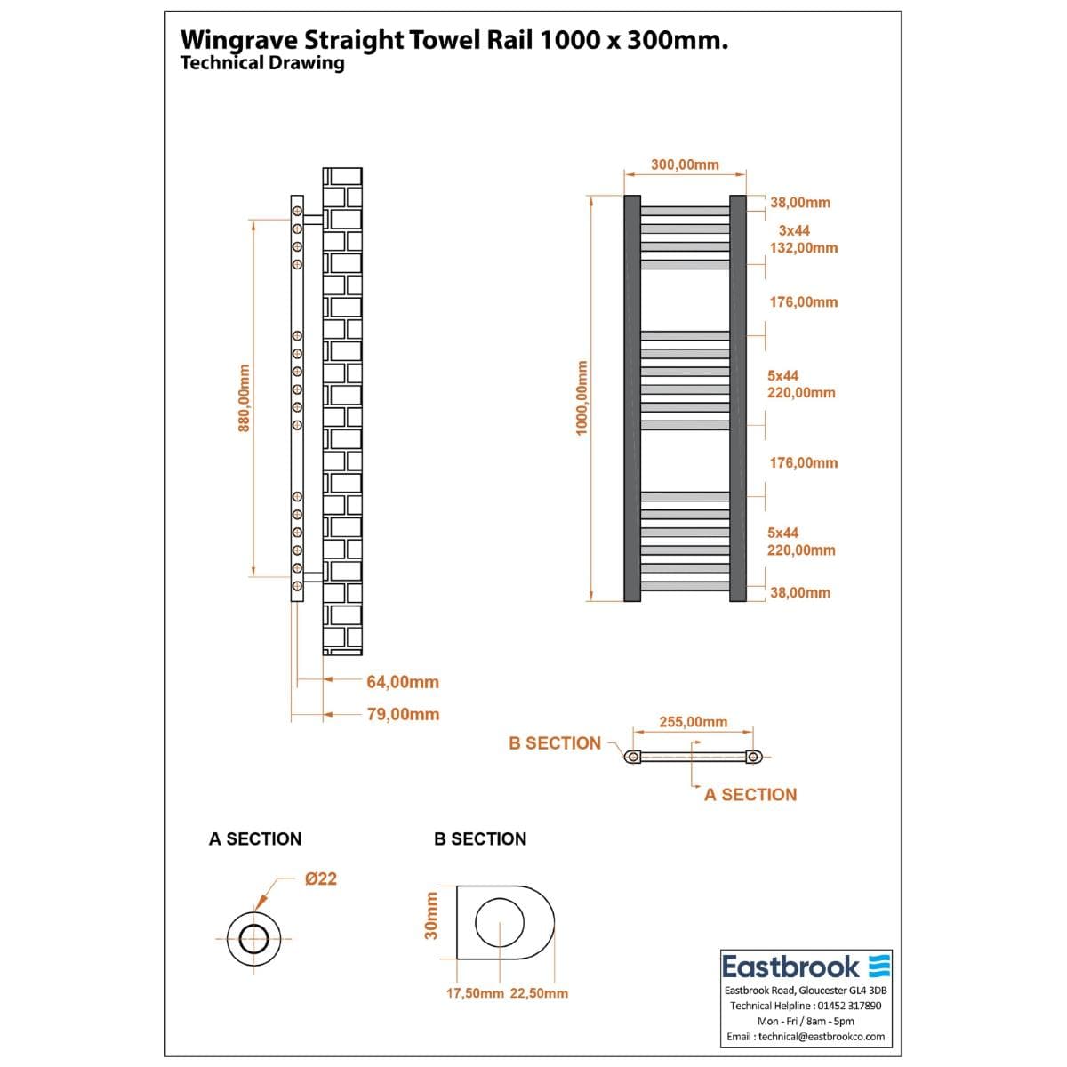 Eastbrook Wingrave Vertical Straight Heated Towel Rail - 1000 x 300mm in Matt Anthracite