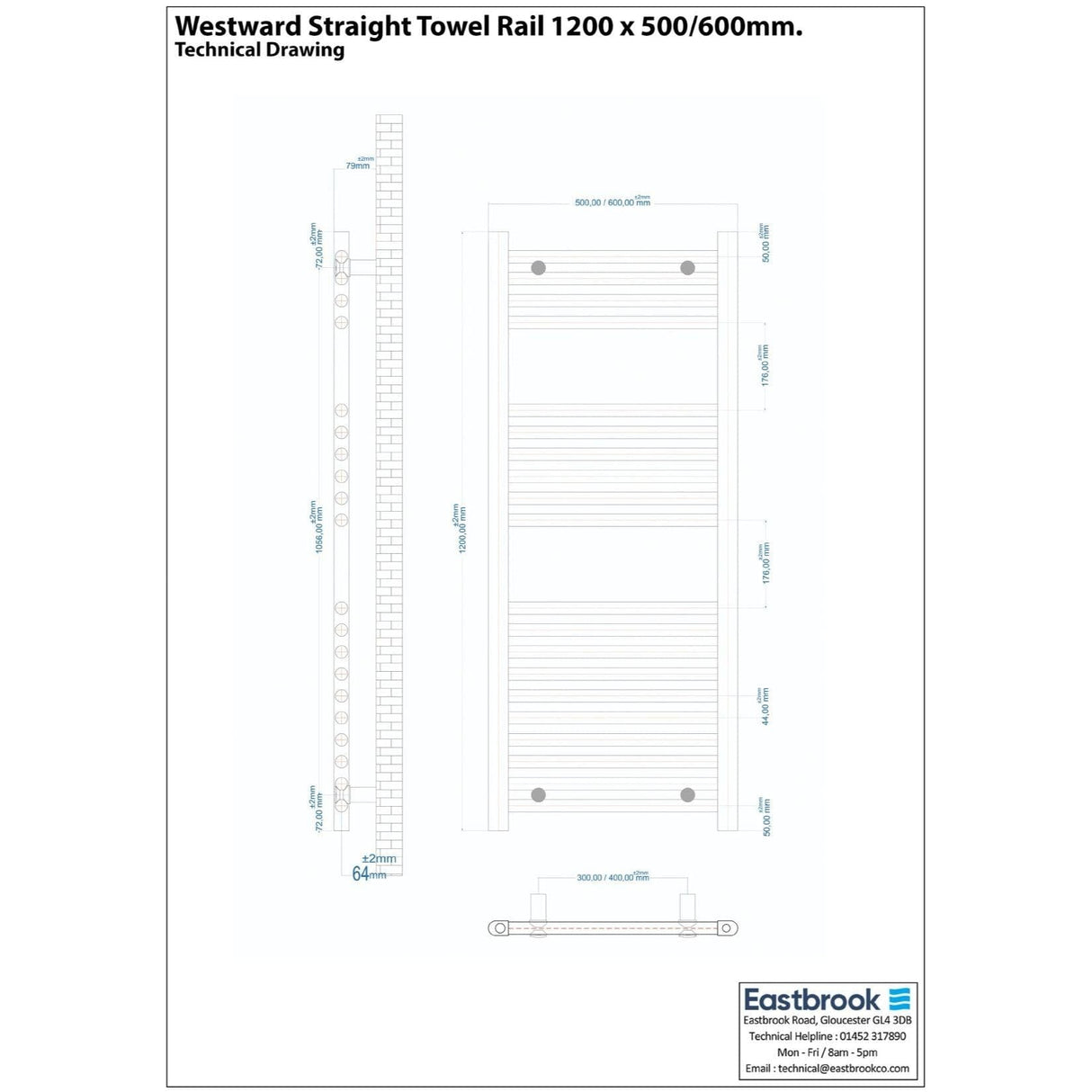 Eastbrook Ladder Rail Eastbrook Westward Vertical Straight Heated Towel Rail - 1200 x 600mm - Chrome