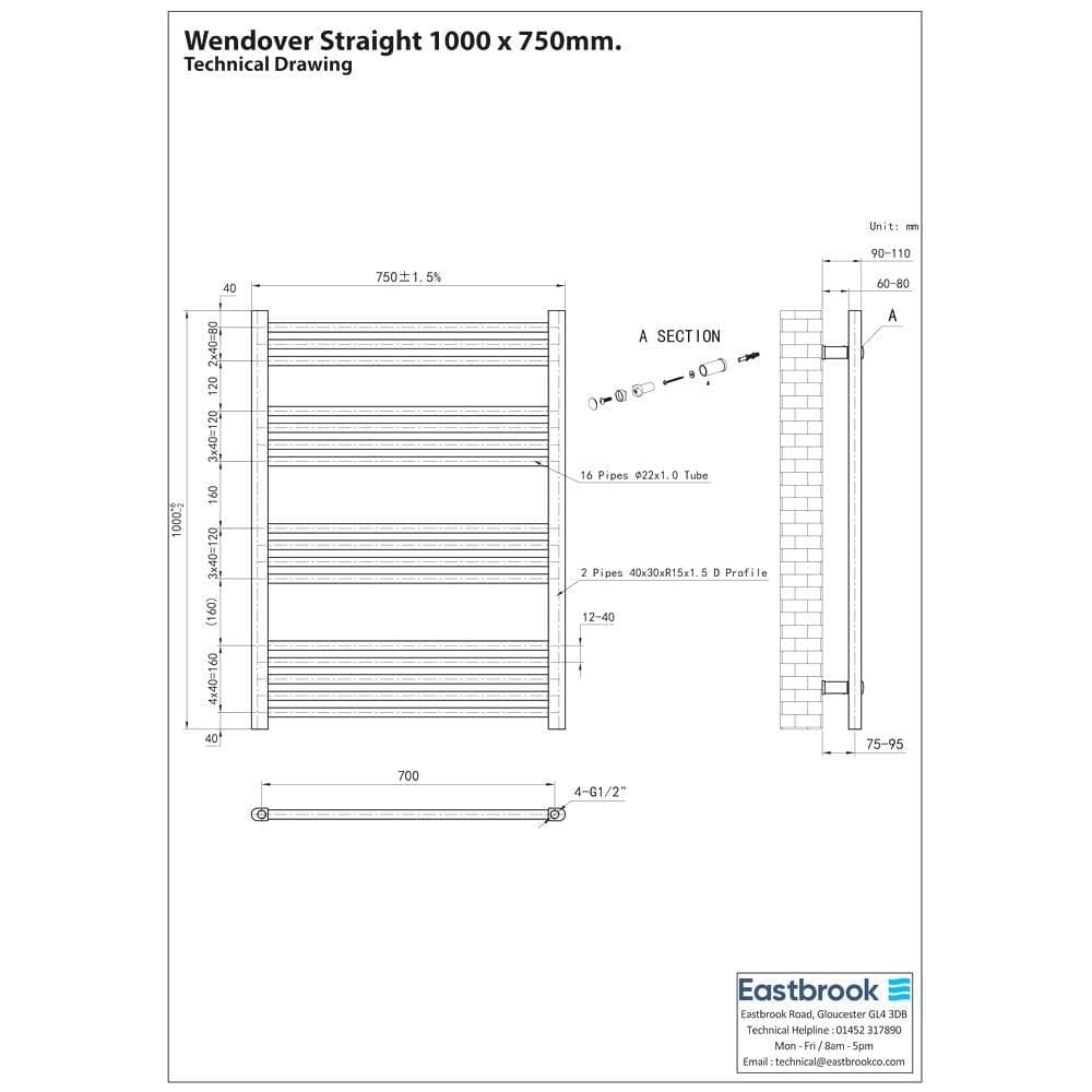 Eastbrook Ladder Rails Eastbrook Wendover Straight Vertical Heated Towel Rail in Matt Black