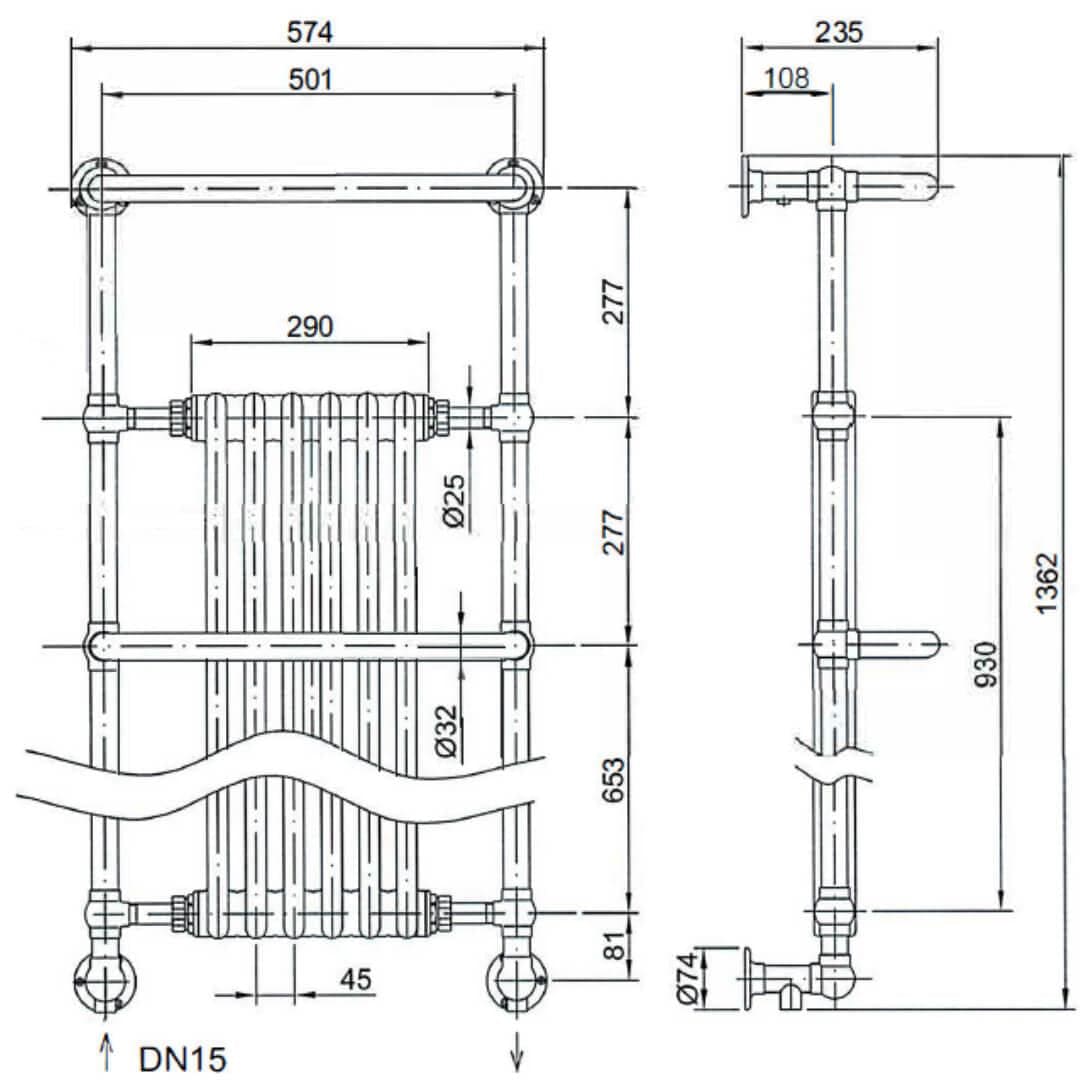 Heritage Insert Radiators Heritage Cabot Traditional Vertical Heated Towel Radiator - Wall Mounted - 1355 x 574 - Chrome/White - AHC102