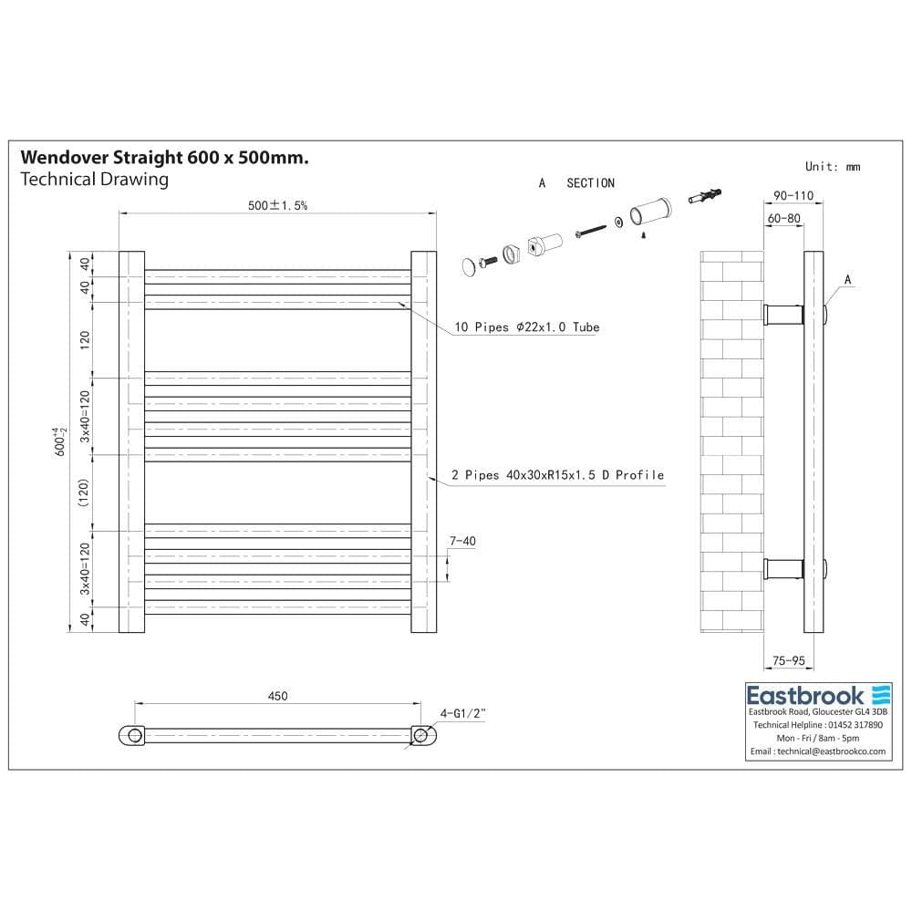 Eastbrook Ladder Rail Eastbrook Wendover Straight Vertical Heated Towel Rail in Matt Black