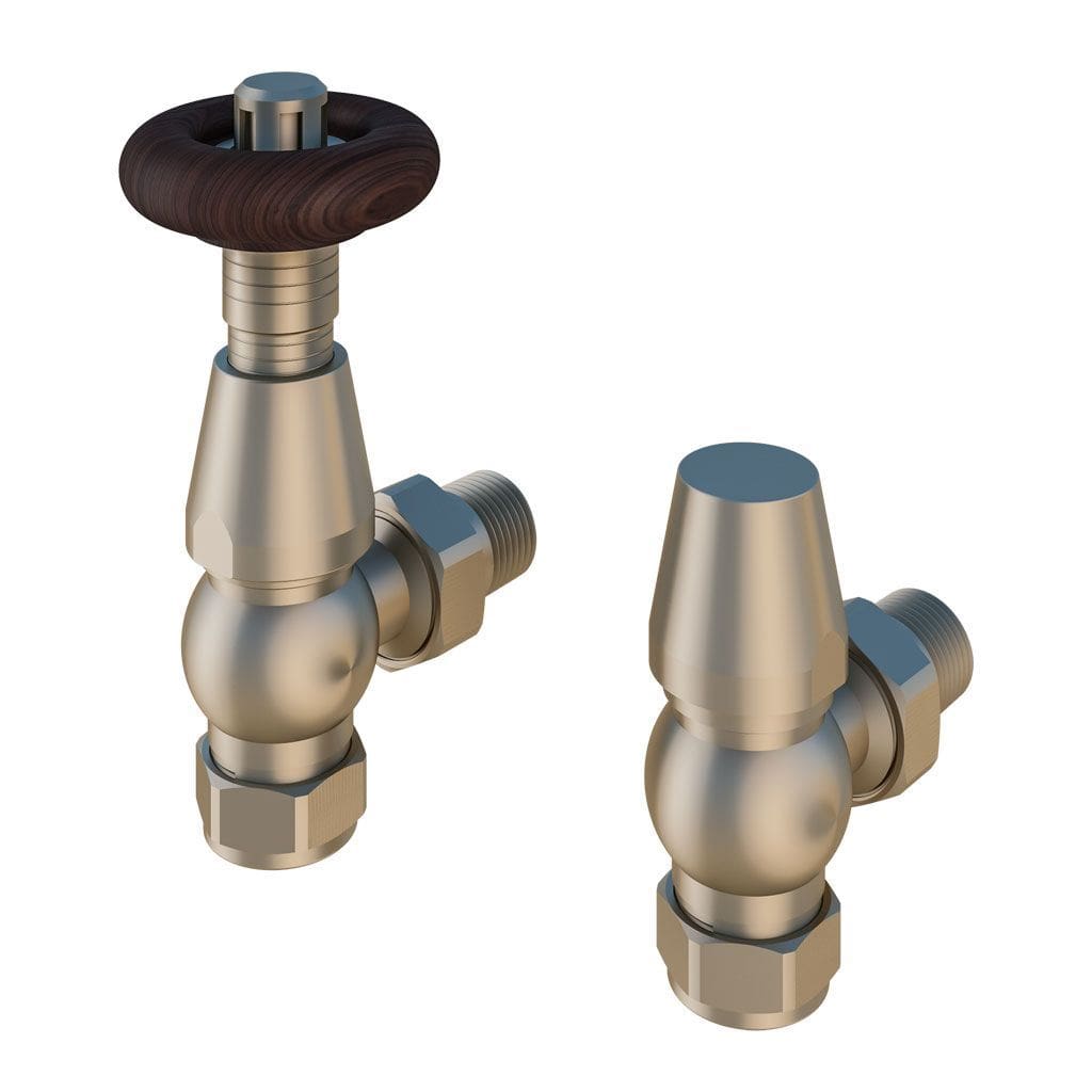 Totally Rads Eastbrook Thermostatic 15mm Angled Radiator Valve with Lockshield Pair - Satin Nickel - 54.0009