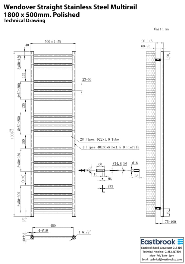 Eastbrook Ladder Rail Eastbrook Wendover Straight Vertical Heated Towel Rail in Polished Stainless Steel