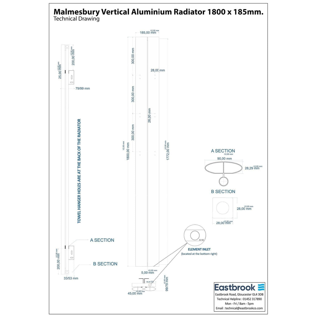 Eastbrook Panel Radiator Eastbrook Malmesbury Aluminium Vertical Designer Radiator - 1800 x 185mm - Matt Anthracite