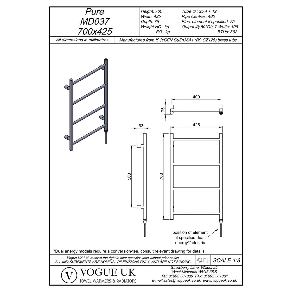 Vogue Ladder Rails Vogue Pure Straight Designer Towel Radiator