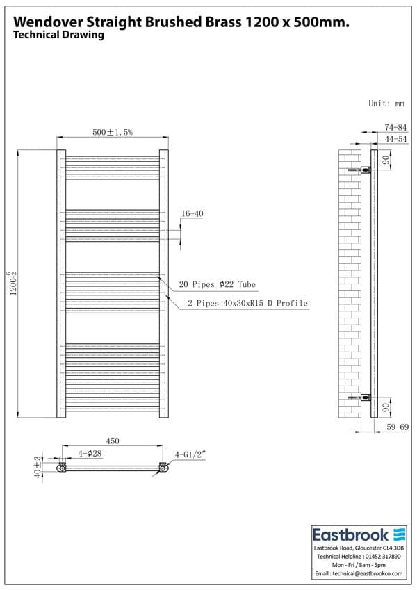 Eastbrook Ladder Rails Eastbrook Wendover Straight Heated Towel Rail in Brushed Brass
