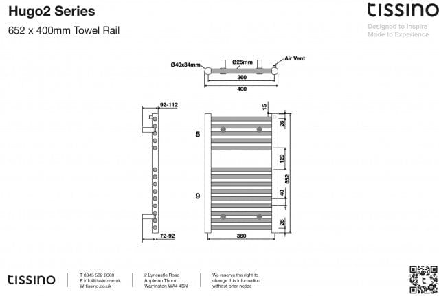 Tissino Ladder Rails Tissino Hugo2 Designer Towel Radiator in Mont Blanc