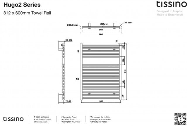 Tissino Ladder Rails Tissino Hugo2 Designer Towel Radiator in Mont Blanc