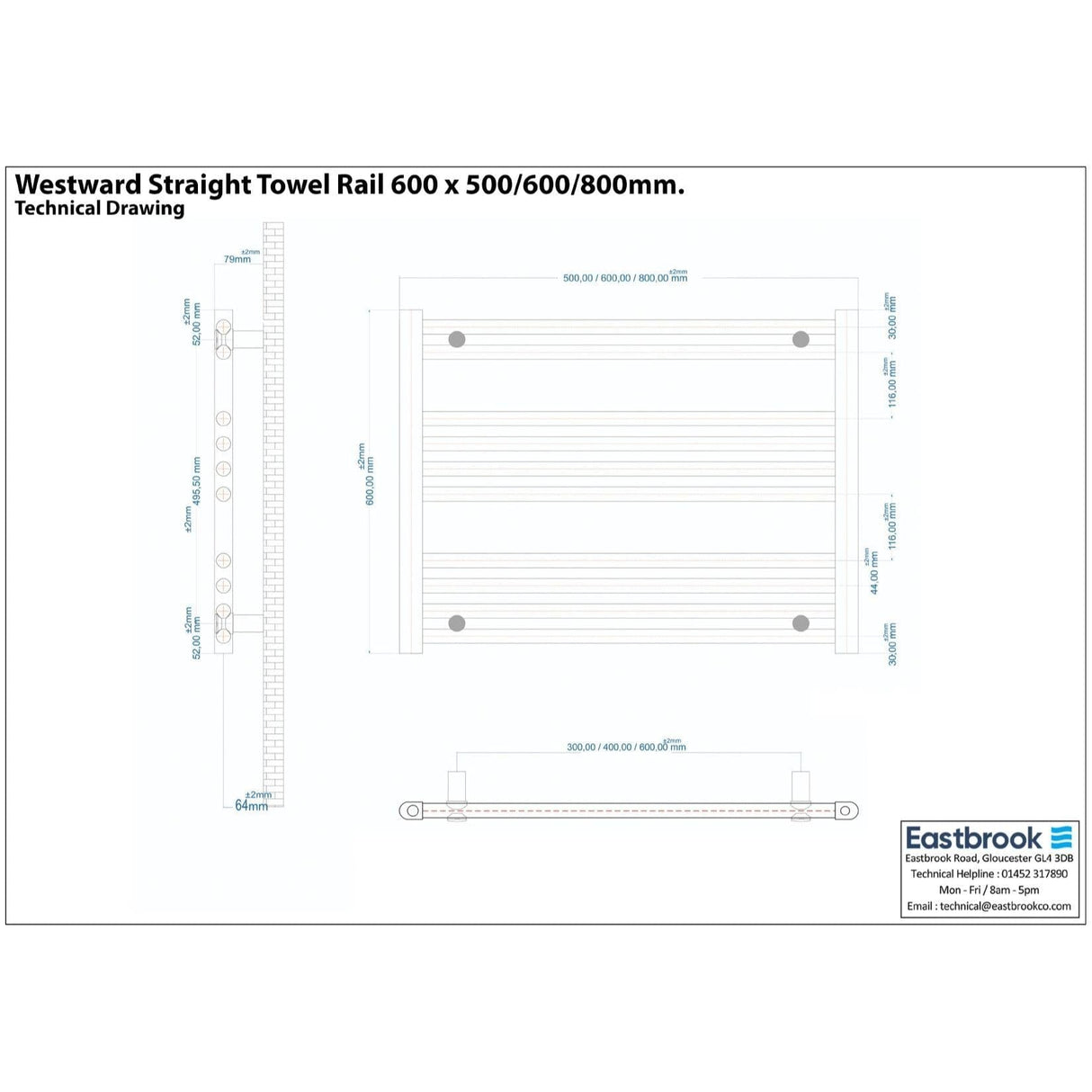 Eastbrook Ladder Rail Eastbrook Westward Vertical Straight Heated Towel Rail - 600 x 600mm - Gloss White