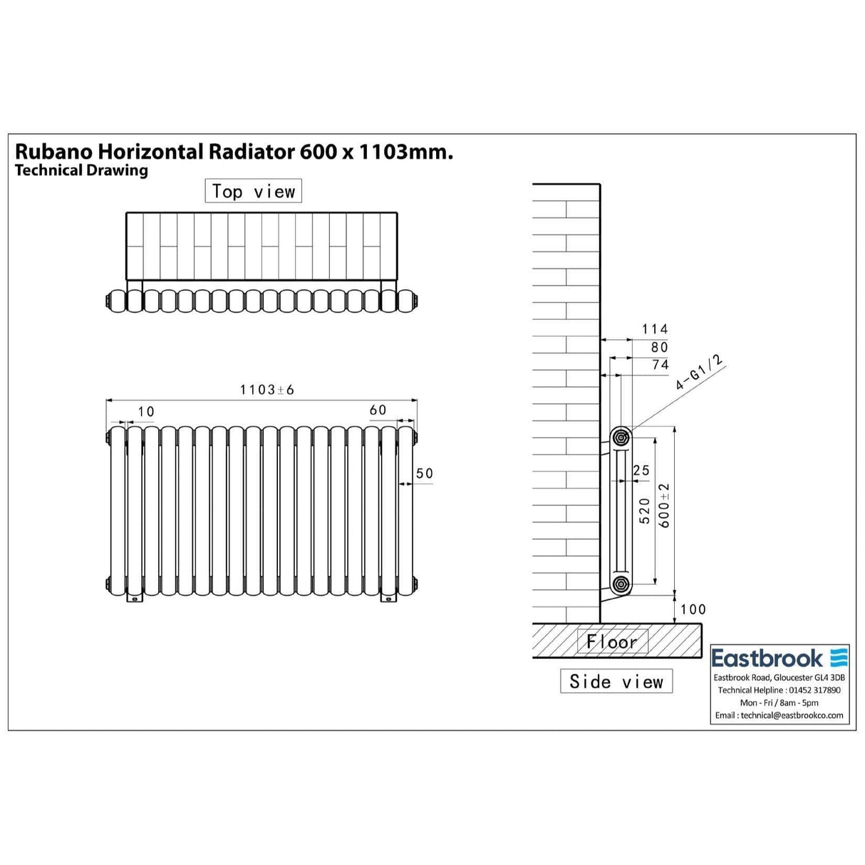 Eastbrook Column Radiators Eastbrook Rubano Straight Horizontal Traditional Column Radiator in Gloss White
