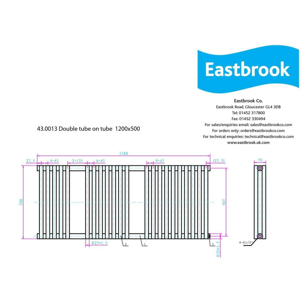 Eastbrook Ladder Rail Eastbrook Biava Double Tube On Tube Heated Towel Rail - 1200mm x 500mm - Chrome