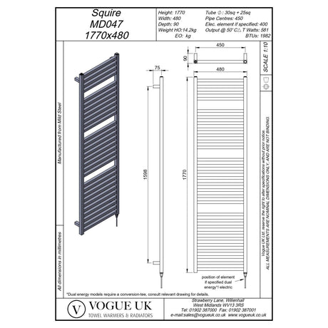 Vogue Squire Straight Designer Towel Rail in Chrome