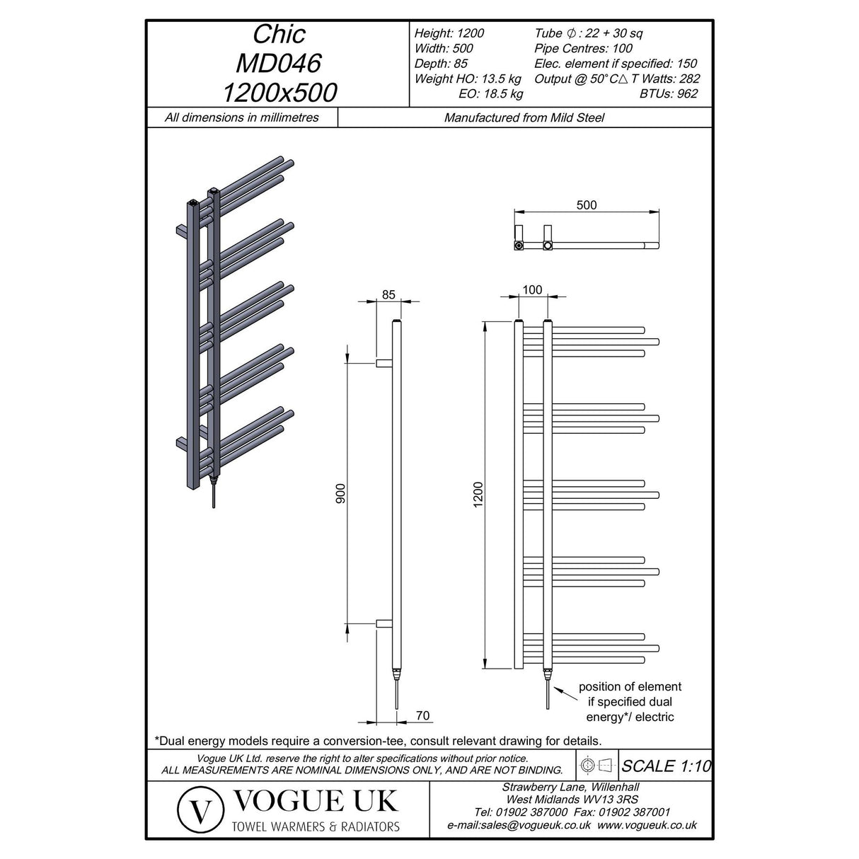 Vogue Chic Straight Designer Towel Radiator in Chrome