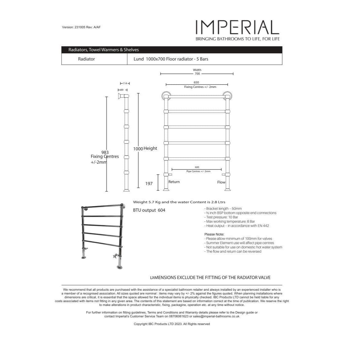 Imperial Traditional Towel Rails Imperial Lund Traditional Heating Towel Rail - 1000 x 700 - Floor Mounted - Chrome - Central Heating