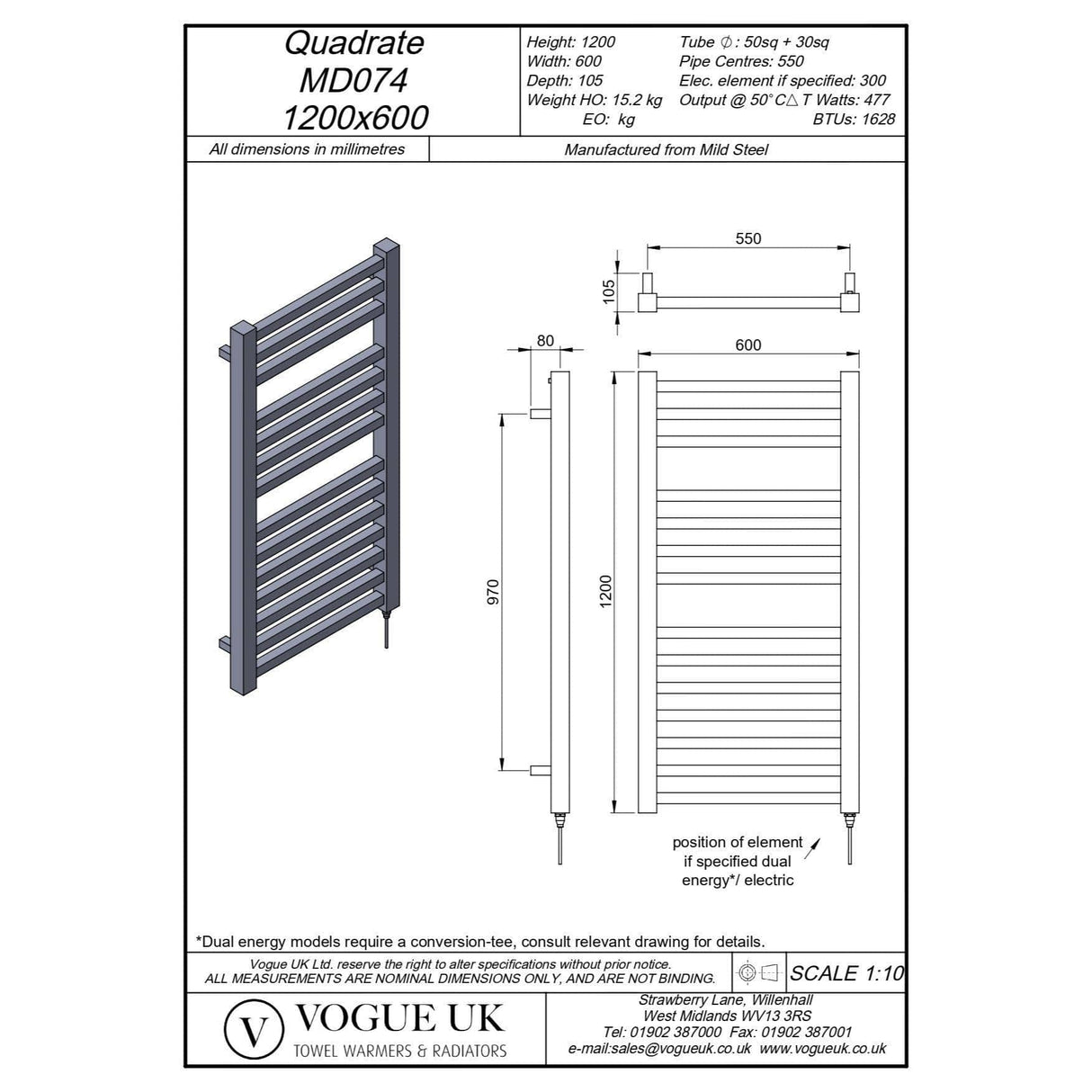 Vogue Designer Towel Radiator Vogue Quadrate Straight Designer Towel Radiator in Chrome 1200 x 600 / Dual Fuel