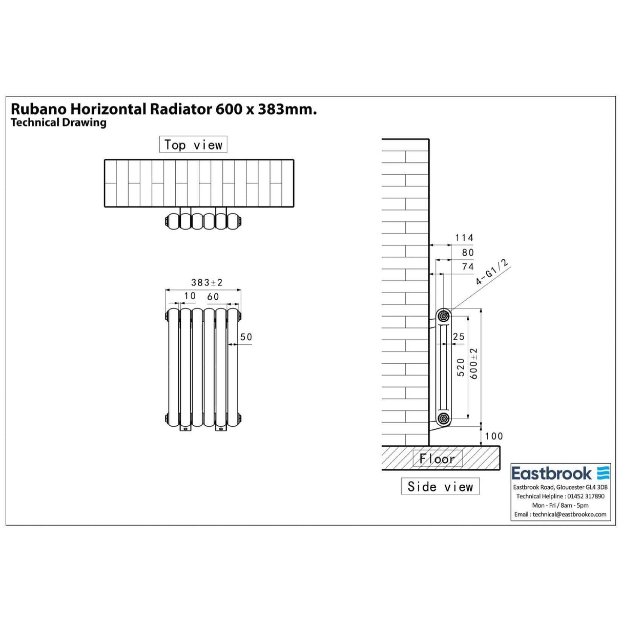 Eastbrook Column Radiators Eastbrook Rubano Straight Horizontal Traditional Column Radiator in Gloss White