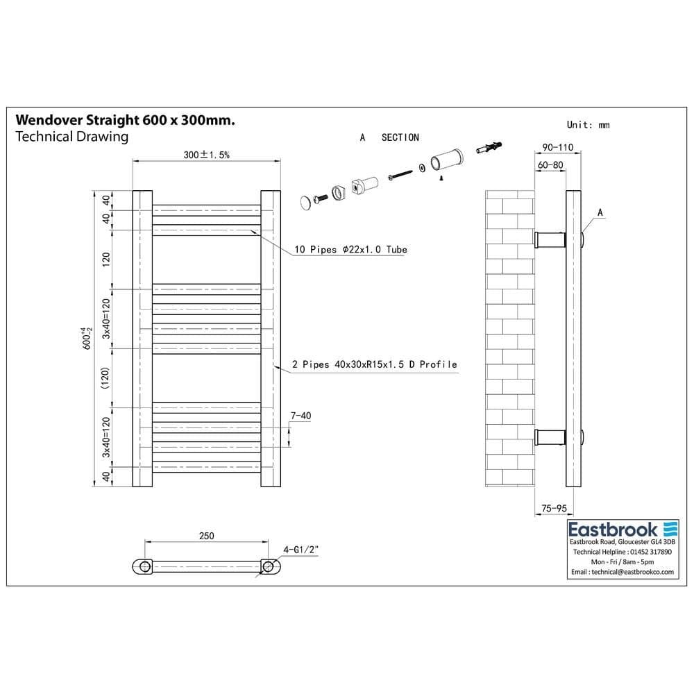 Eastbrook Ladder Rail Eastbrook Wendover Straight Heated Towel Rail in Chrome