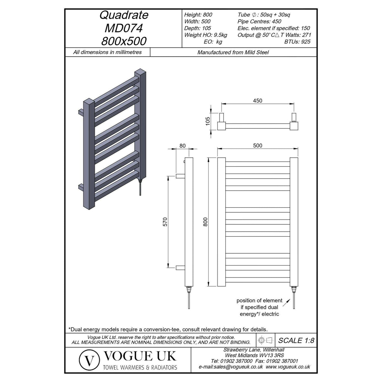 Vogue Designer Towel Radiator Vogue Quadrate Straight Designer Towel Radiator in Chrome 800 x 500 / Dual Fuel