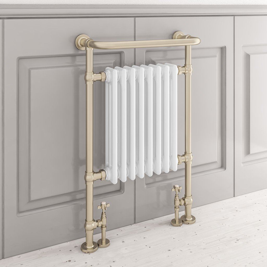 Eastbrook Isbourne Straight Vertical Traditional Radiator in Brushed Brass/Gloss White