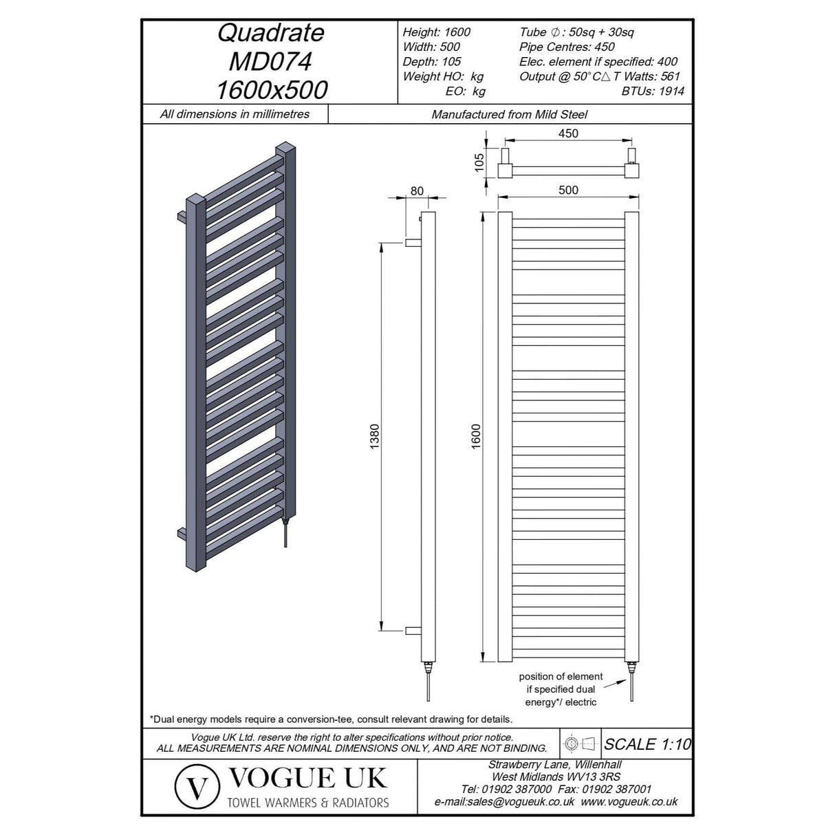 Vogue Designer Towel Radiator Vogue Quadrate Straight Designer Towel Radiator in Chrome 1600 x 500 / Dual Fuel