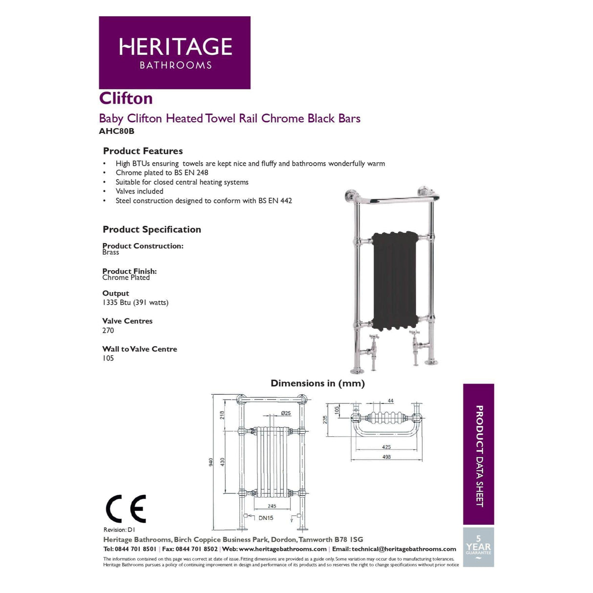 Heritage Traditional Towel Radiator Heritage Baby Clifton Traditional Straight Vertical Heated Towel Radiator - 940 x 498mm in Chrome/Black