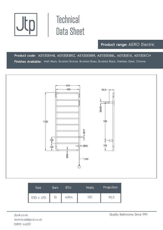 JTP Designer Towel Radiator JTP AERO Designer Vertical Heated Towel Rail - Electric Only