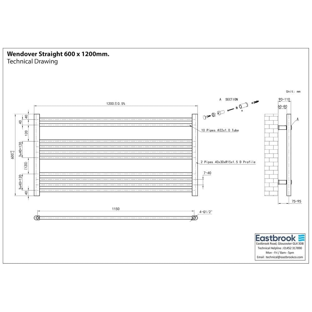 Eastbrook Ladder Rail Eastbrook Wendover Straight Heated Towel Rail in Chrome
