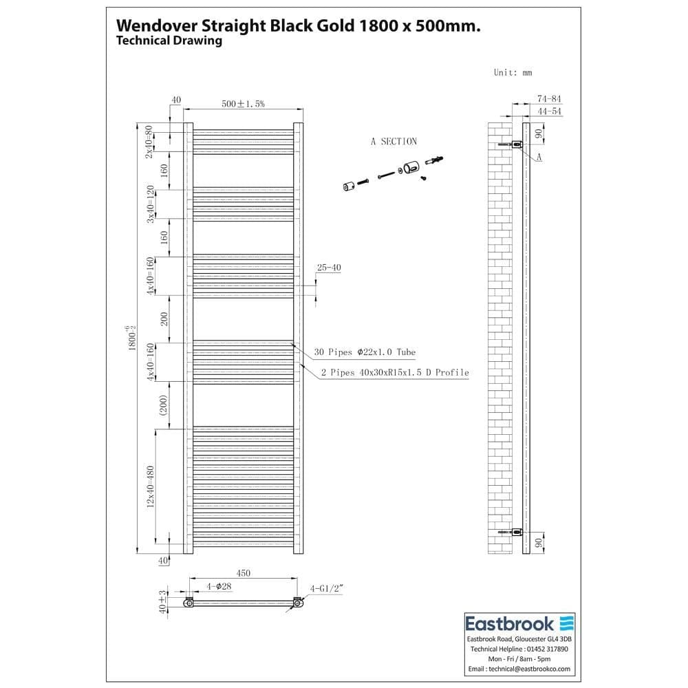 Eastbrook Ladder Rail Eastbrook Wendover Straight Heated Towel Rail in Black Gold