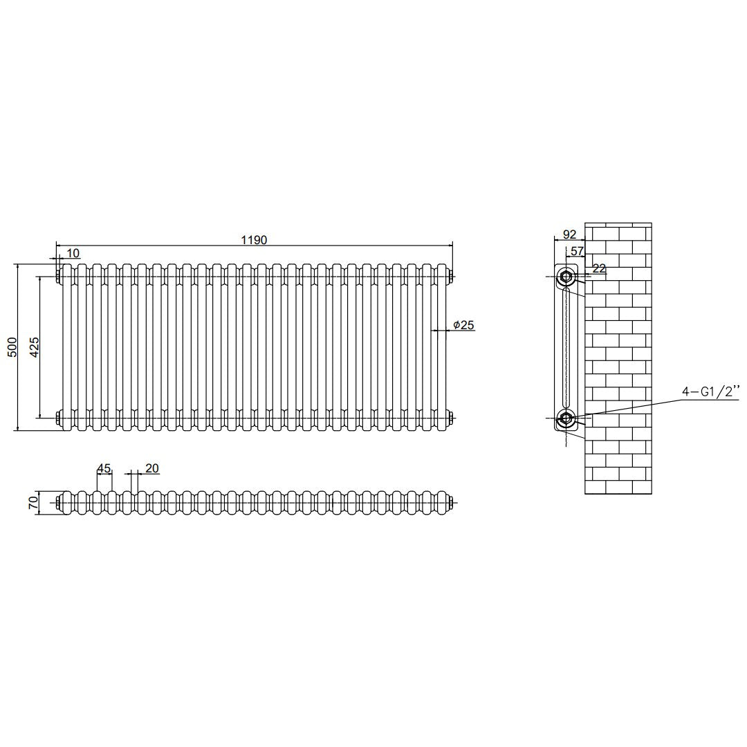 Aquarius Bathrooms Column Radiator Aquarius Foundry Horizontal 2 Column Radiator in White