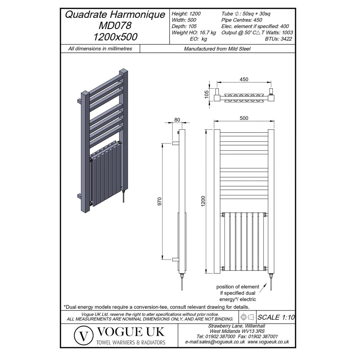 Vogue Quadrate Harmonique Straight Designer Towel Radiator in Chrome
