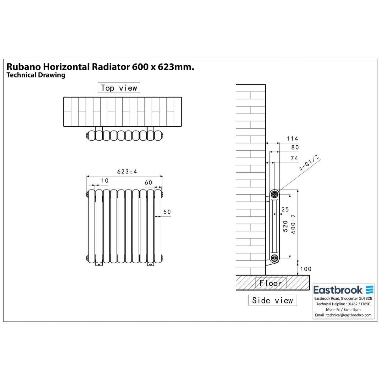 Eastbrook Column Radiators Eastbrook Rubano Straight Horizontal Traditional Column Radiator in Gloss White