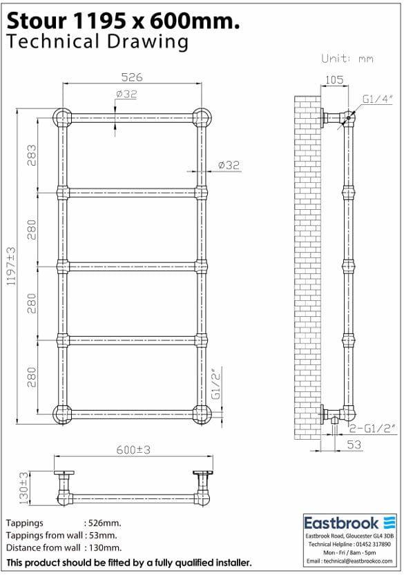 Eastbrook Traditional Towel Rail Eastbrook Stour Vertical Traditional Heated Towel Rail in Brushed Brass